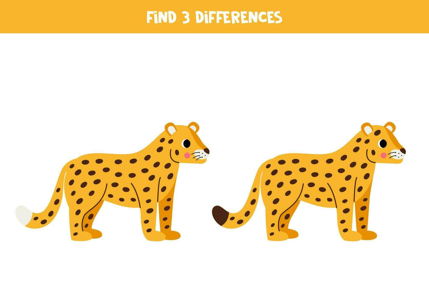 Find three differences between two pictures of cute leopard. Game for kids. vector