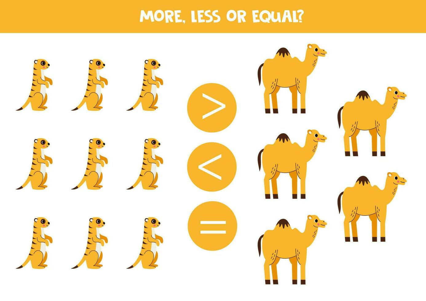 More, less or equal with cartoon African animals. vector