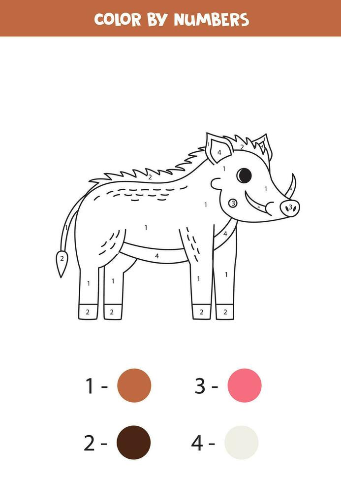 Coloring page with cute cartoon warthog. Color by numbers. Math game for kids. vector