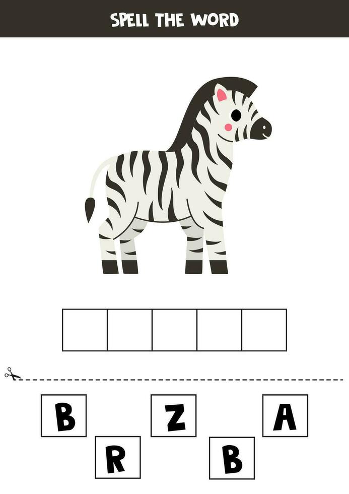 Spelling game for preschool kids. Cute cartoon zebra. vector