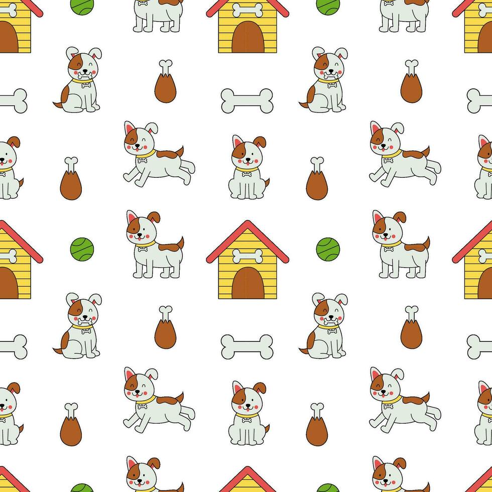 Cute repeat pattern with cartoon dogs and dog houses. vector