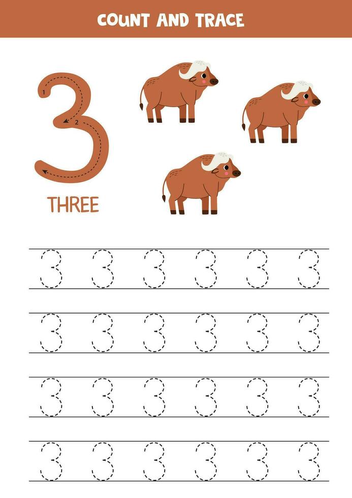 Trace numbers. Number 3 three. Cute cartoon buffalos. vector