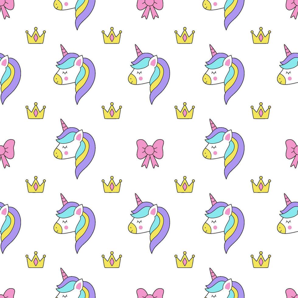 Seamless pattern with cute unicorn bows and crowns. vector