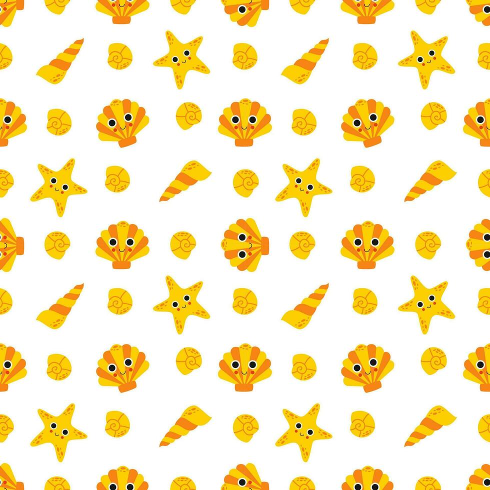 Seamless pattern with cute starfish and seashells. vector