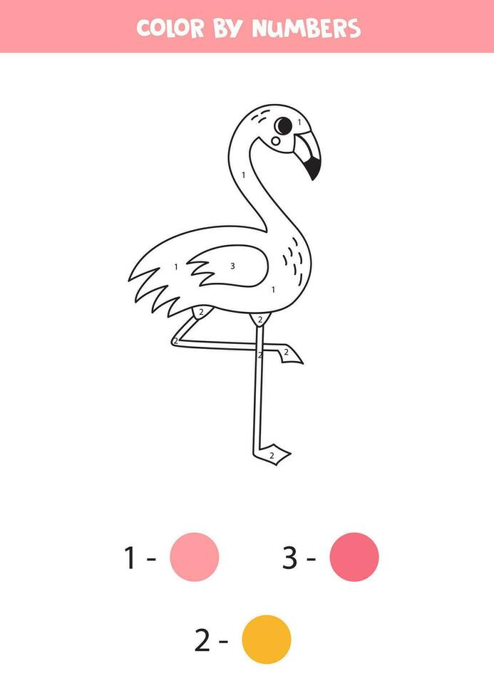 Color cartoon flamingo by numbers. Worksheet for kids. vector