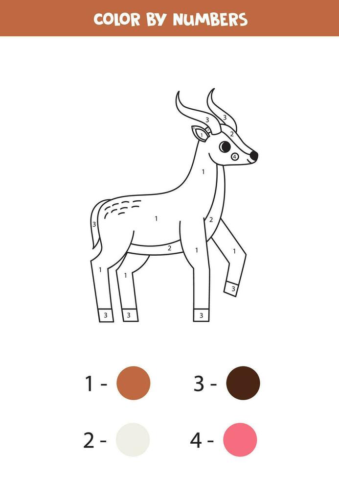 Color cartoon antelope by numbers. Worksheet for kids. vector