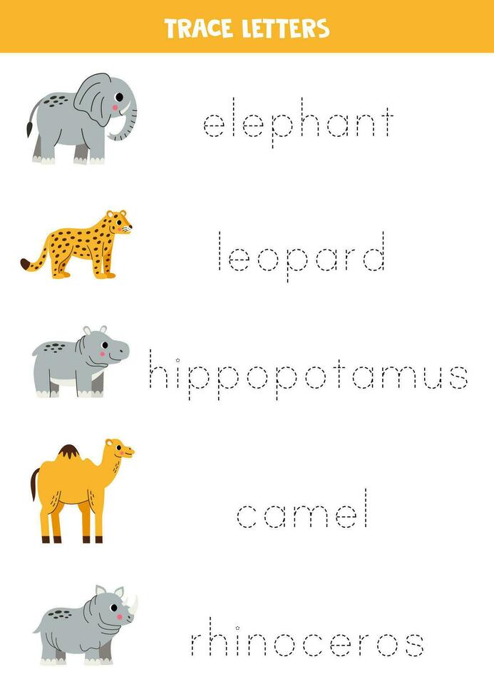 Tracing letters with cute African animals. Writing practice. vector