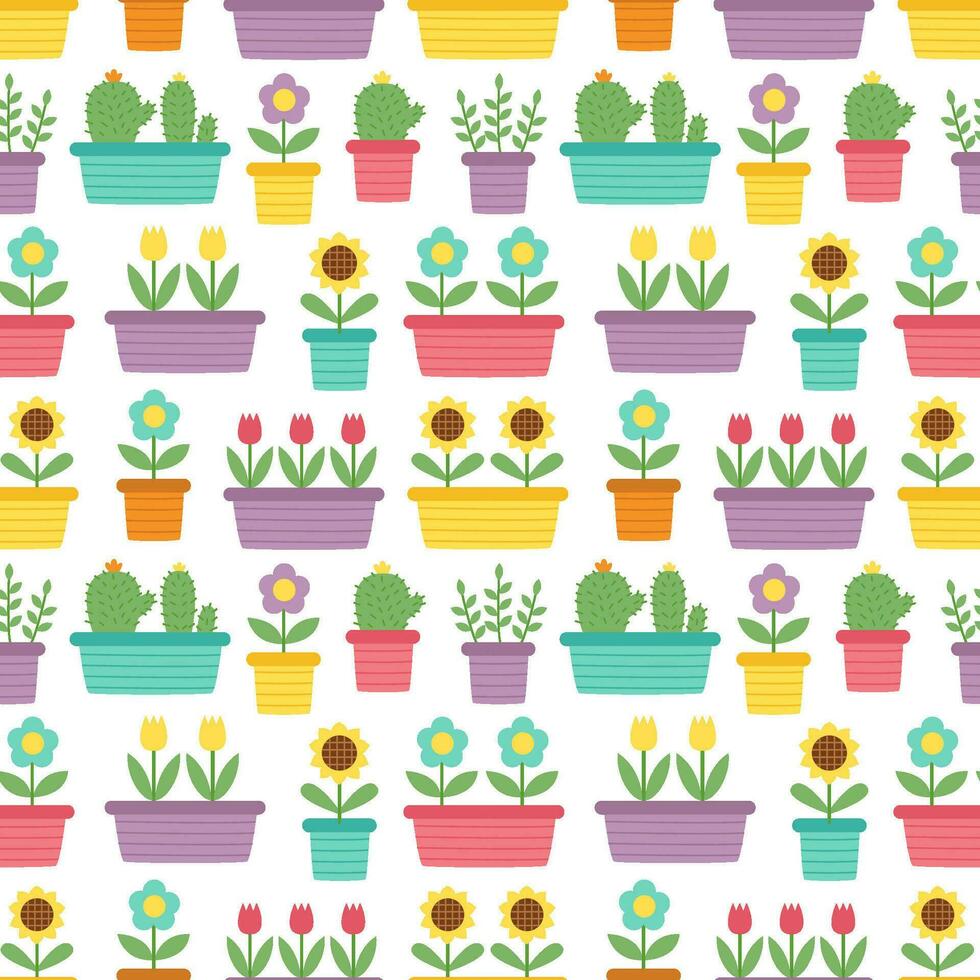 Seamless pattern with cartoon flower pots on white background. vector