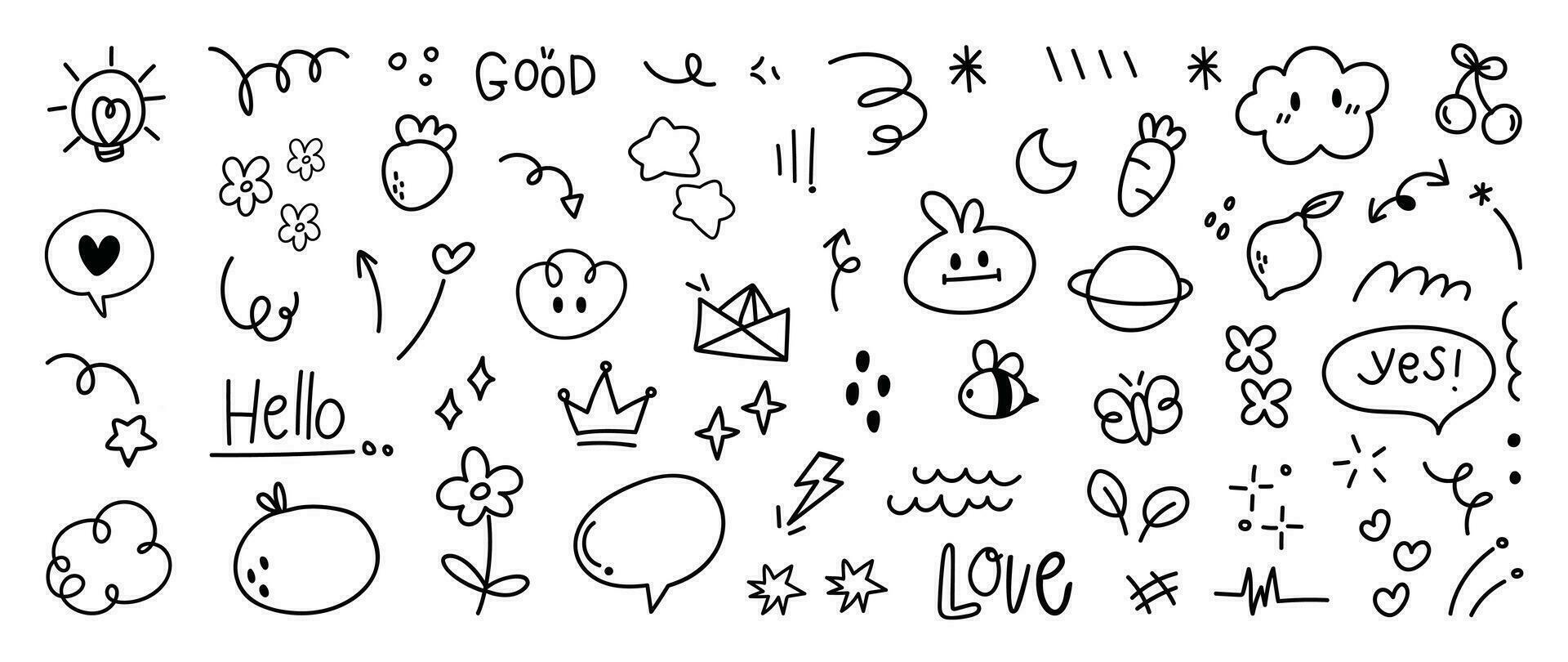 Set of cute pen line doodle element vector. Hand drawn doodle style collection of heart, arrows, scribble, speech bubble, star, butterfly, words. Design for print, cartoon, card, decoration, sticker. vector