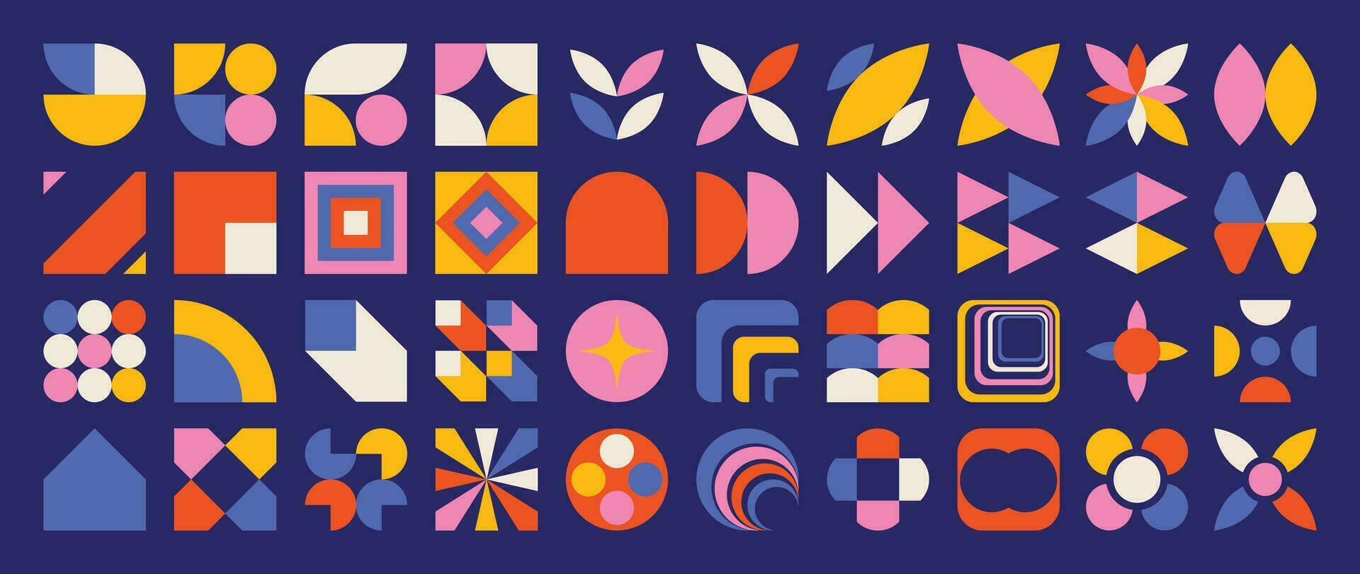 Set of abstract retro geometric shapes vector. Collection of contemporary figure, sparkle,square, flower in 70s groovy style. Bauhaus Memphis design element perfect for banner, print, stickers, decor. vector