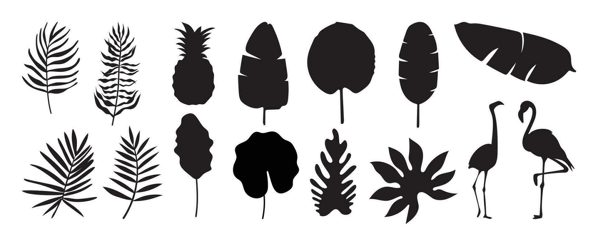 Collection of silhouette leaf elements. Set of tropical plants, leaf branch, banana leaves, pineapple, palm, foliage, flamingo. Hand drawn of botanical vectors for decor, website, graphic, decorative.