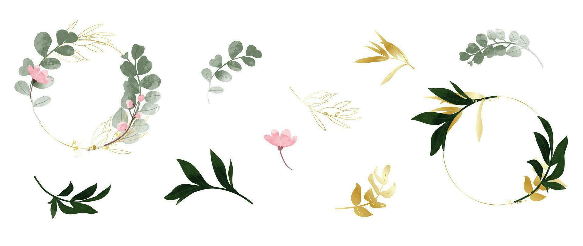 Luxury botanical gold wedding frame elements collection. Set of circle, glitters, leaf branches, flower, eucalyptus. Elegant foliage design for wedding, card, invitation, greeting. vector