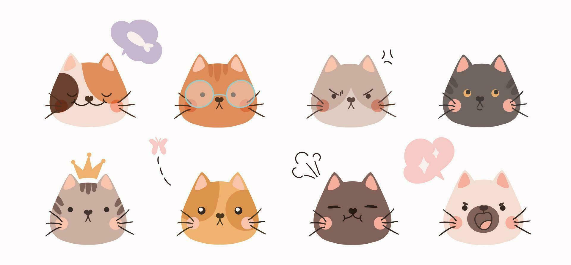 Cute and smile cat heads doodle vector set. Comic happy cat faces character with different cat breed, speech bubbles, crown in flat color  Design illustration for sticker, cover, prints, decor.