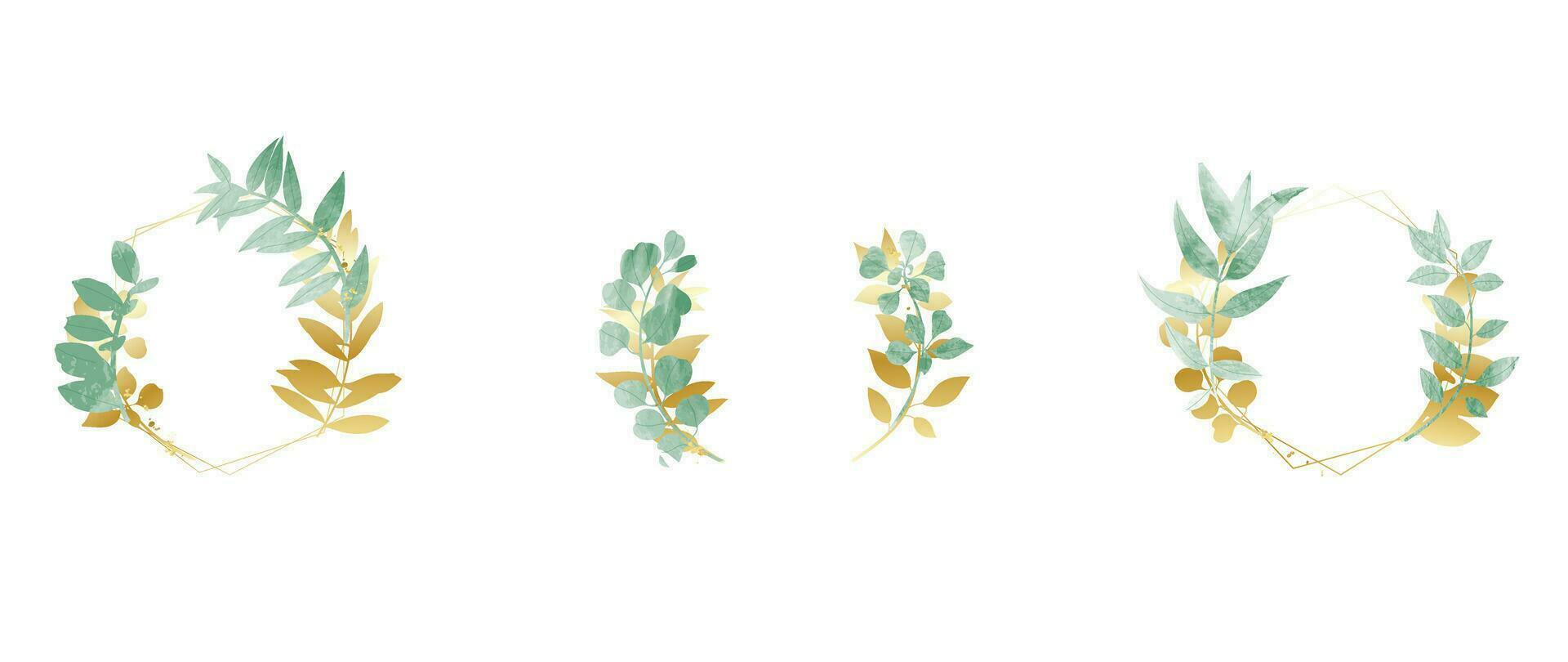 Luxury botanical gold wedding frame elements collection. Set of polygon, circle, glitters, leaf branches, eucalyptus. Elegant foliage design for wedding, card, invitation, greeting. vector