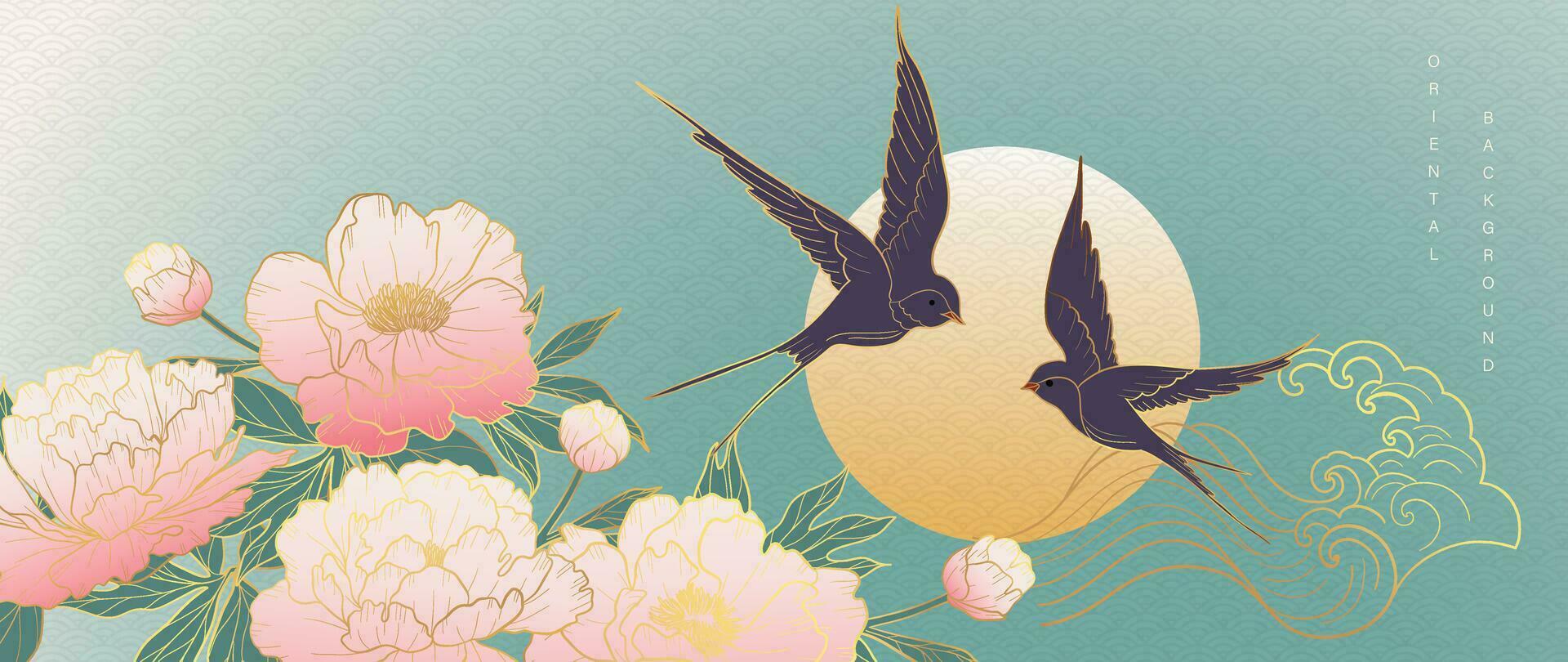 lujo oro oriental estilo antecedentes vector. chino y japonés fondo de pantalla modelo diseño de elegante golondrina aves, mar ola, flores con oro línea. diseño ilustración para decoración, pared decoración. vector