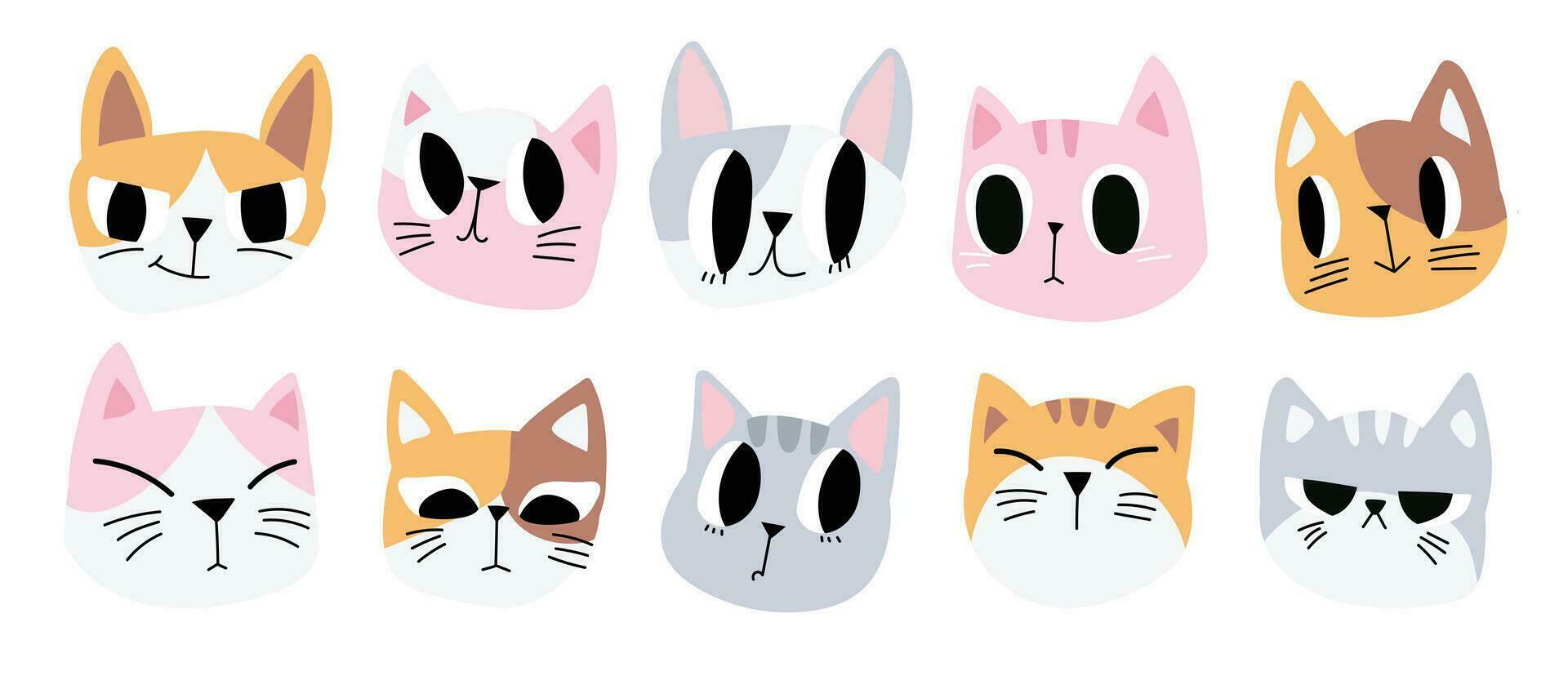 Cute and smile cat heads doodle vector set. Comic happy cat faces character design of different cat breed with flat color isolated on white background. Design illustration for sticker, comic, print.