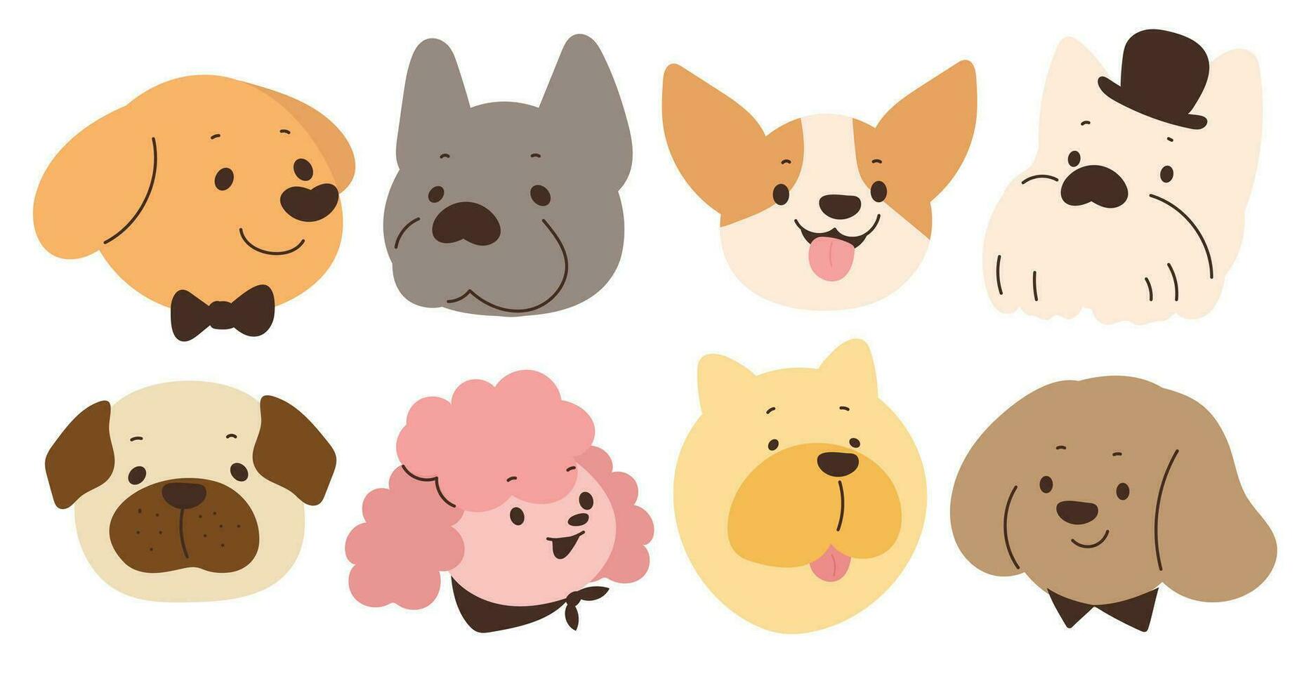 Cute and smile dog heads doodle vector set. Comic happy dog faces character design of different dog breed with flat color isolated on white background. Design illustration for sticker, comic, print.