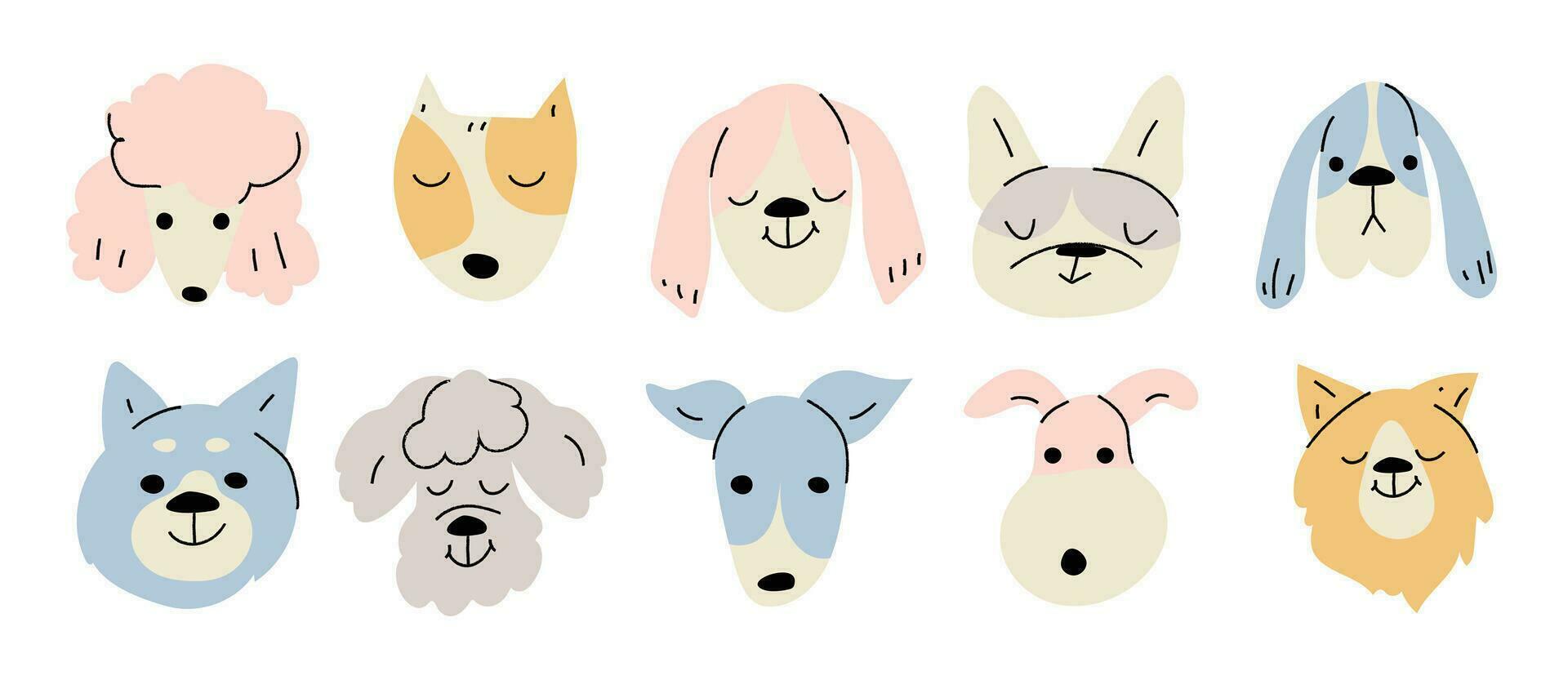 Cute and smile dog heads doodle vector set. Comic happy dog faces character design of different dog breed with flat color isolated on white background. Design illustration for sticker, comic, print.