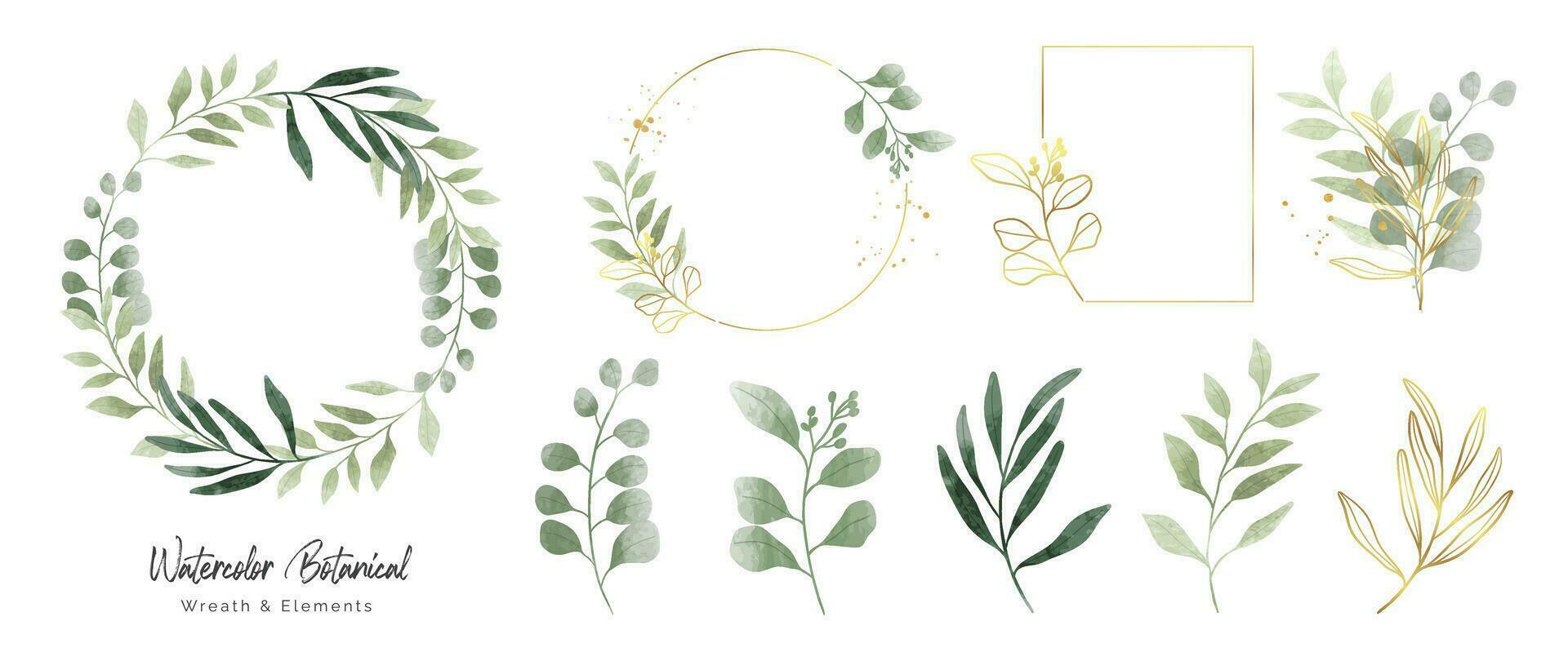 Luxury botanical gold wedding frame elements collection. Set of square, circle, glitters, leaf branches, eucalyptus. Elegant foliage design for wedding, card, invitation, greeting. vector