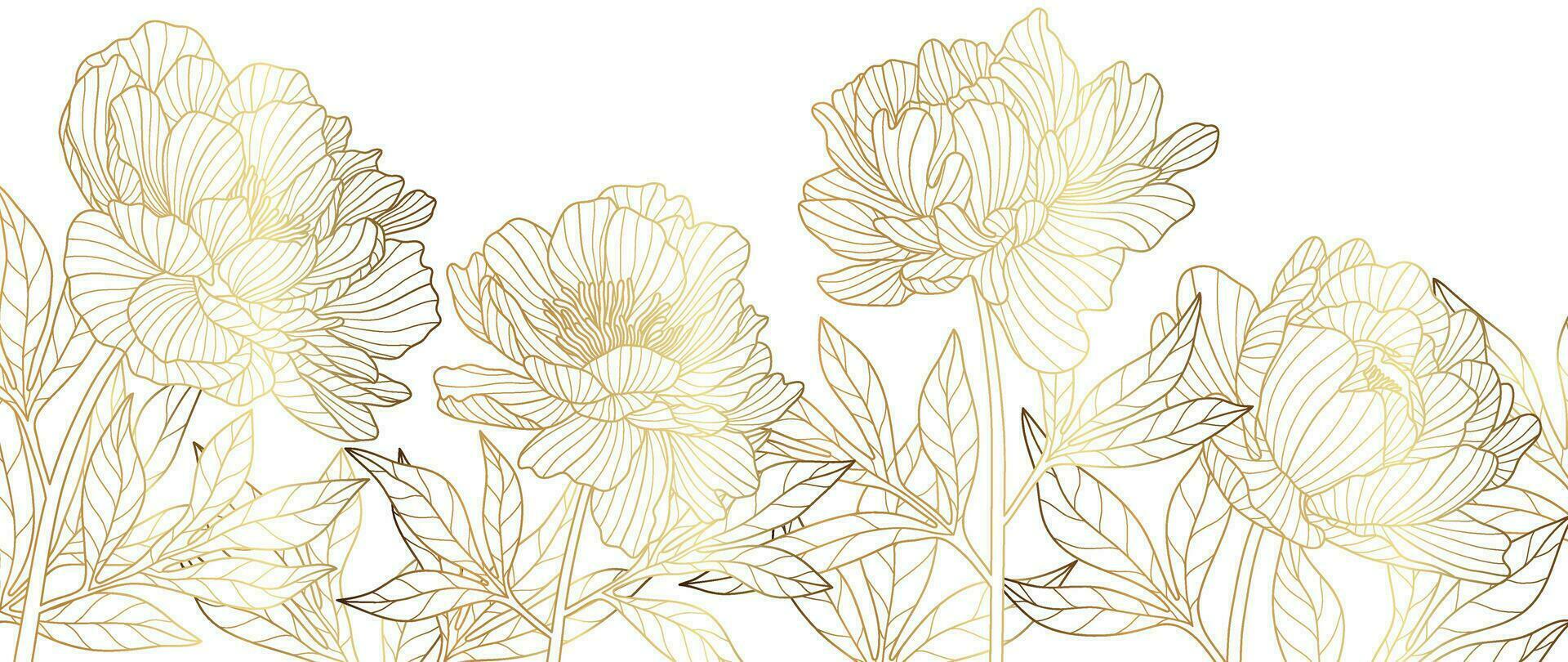 Luxury golden peony flower line art background vector. Natural botanical elegant flower with gold line art. Design illustration for decoration, wall decor, wallpaper, cover, banner, poster, card. vector
