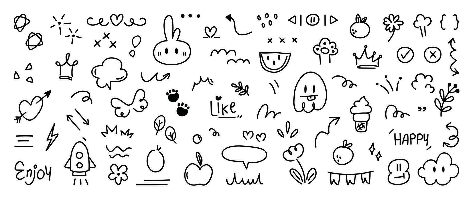 Set of cute pen line doodle element vector. Hand drawn doodle style collection of heart, arrows, scribble, flower, rocket, star, butterfly, words. Design for print, cartoon, card, decoration, sticker. vector