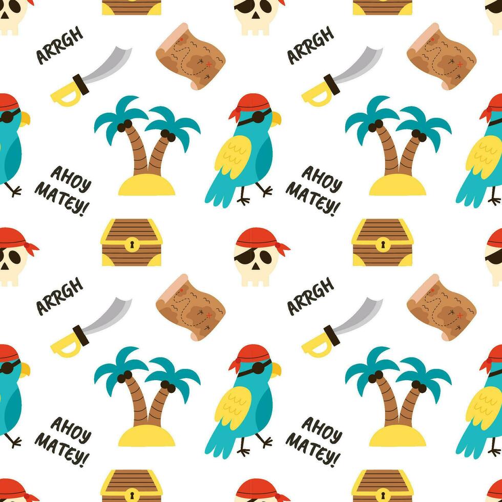 Pirate seamless pattern with pirate parrot and treasure island. Pattern for boys. vector