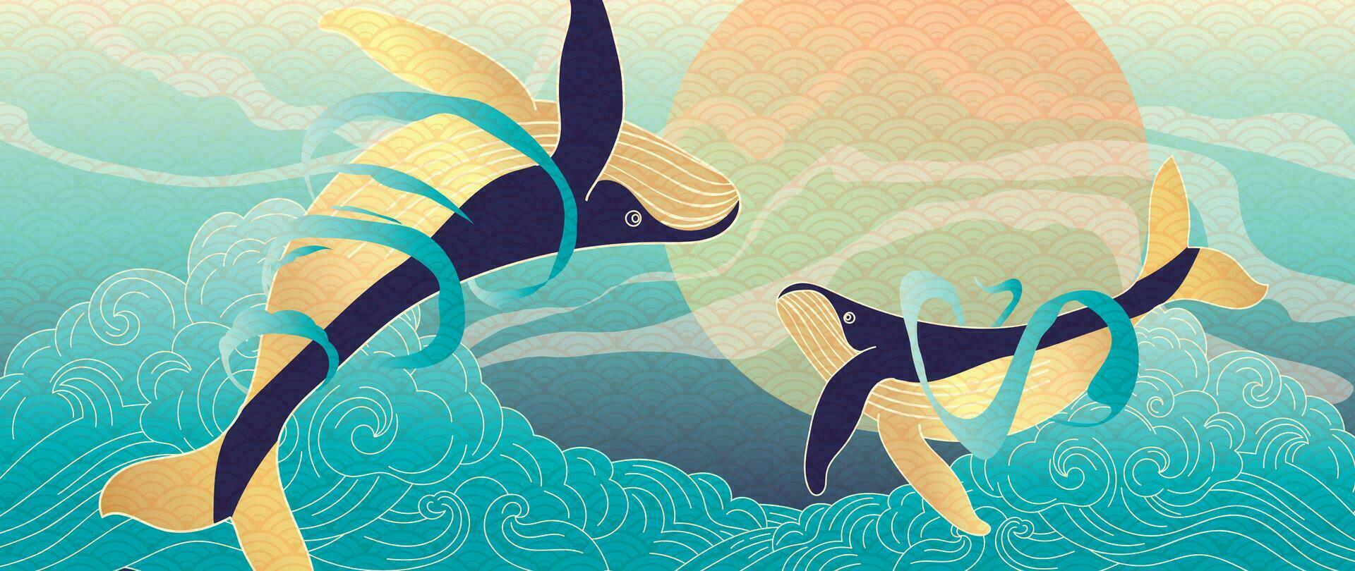 lujo oro oriental estilo antecedentes vector. chino y japonés fondo de pantalla modelo diseño de elegante ballenas, mar ola, Luna con oro línea. diseño ilustración para decoración, pared decoración. vector