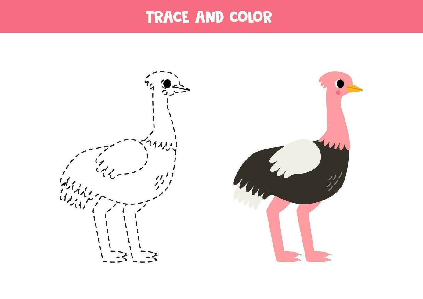 Trace and color cartoon ostrich. Worksheet for children. vector