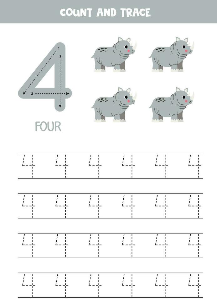 Trace numbers. Number 4 four. Cute cartoon rhinoceros. vector