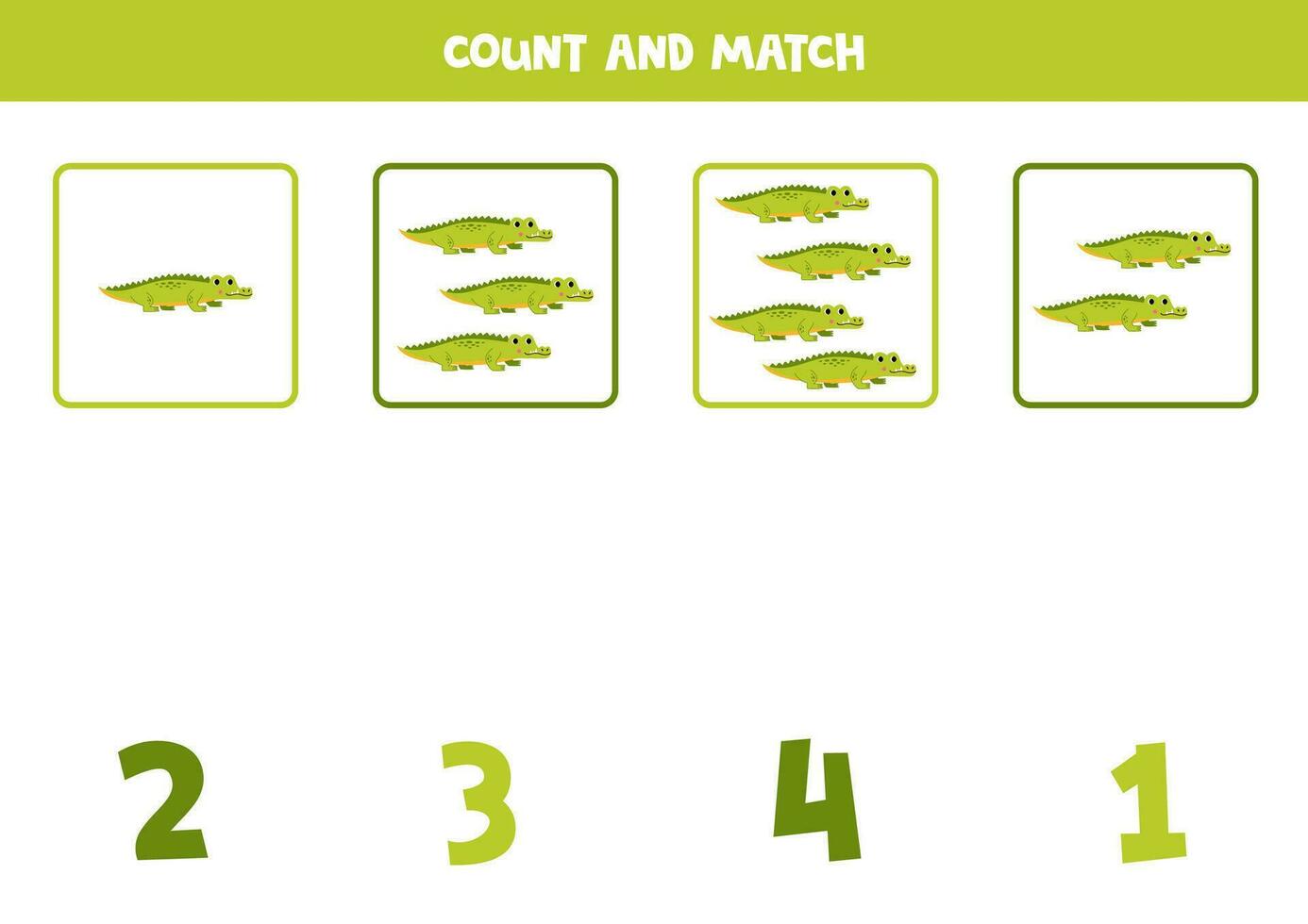 Counting game for kids. Count all crocodiles and match with numbers. Worksheet for children. vector