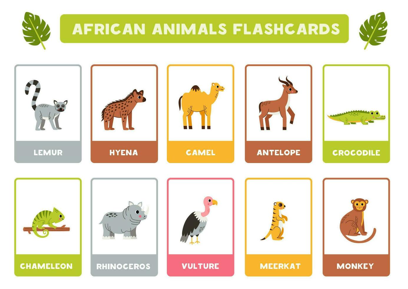 Cute African animals with names. Flashcards for learning English. vector