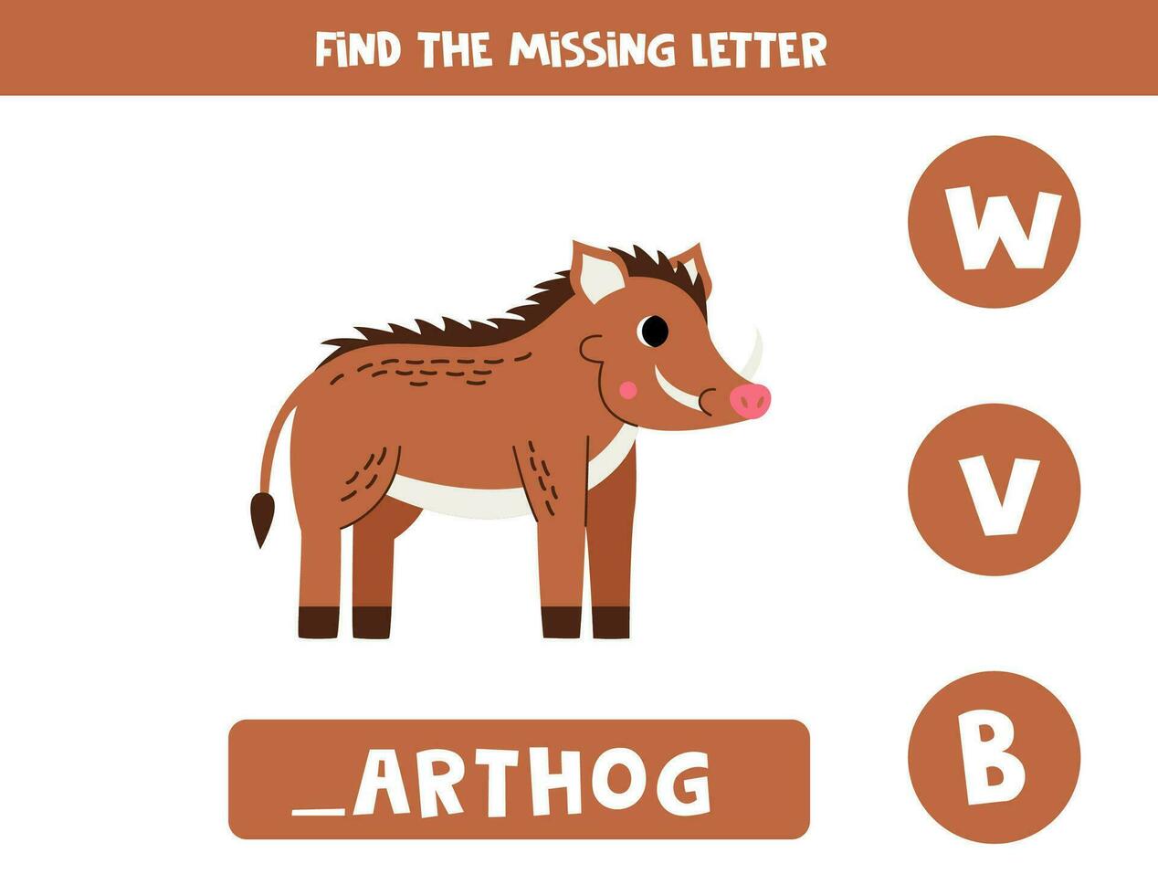 Find missing letter with cartoon warthog. Spelling worksheet. vector