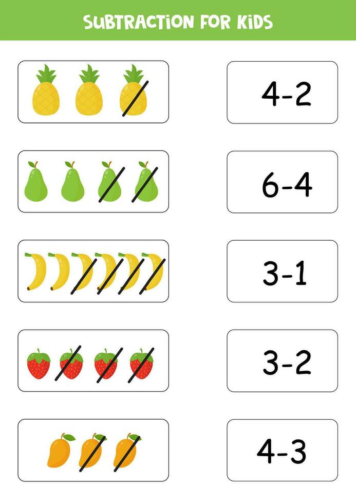 Subtraction game with cute cartoon fruits. Matching game. vector