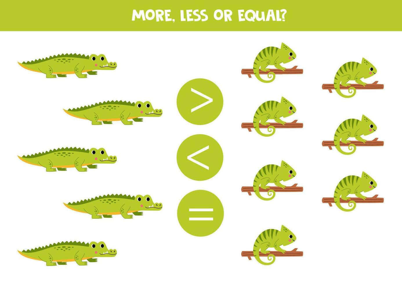 More, less or equal with cartoon crocodiles and chameleons. vector