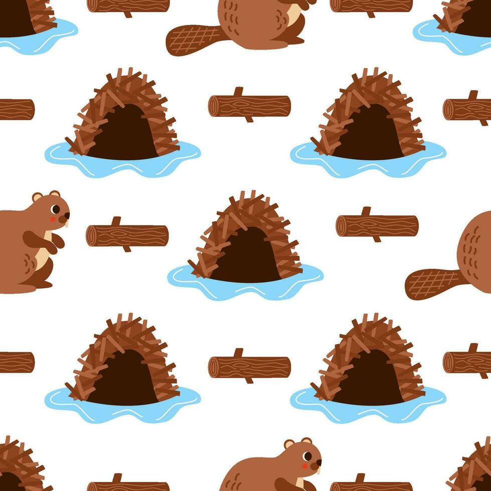 Seamless pattern with cute brown beaver and huts. Woodland pattern. vector