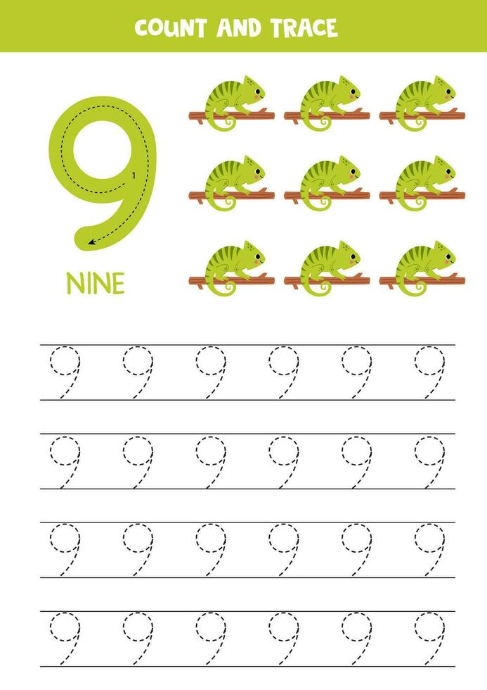 Trace numbers. Number 9 nine. Cute cartoon chameleons. vector