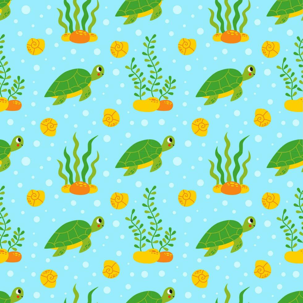 Seamless pattern with cute turtles underwater on blue background. vector