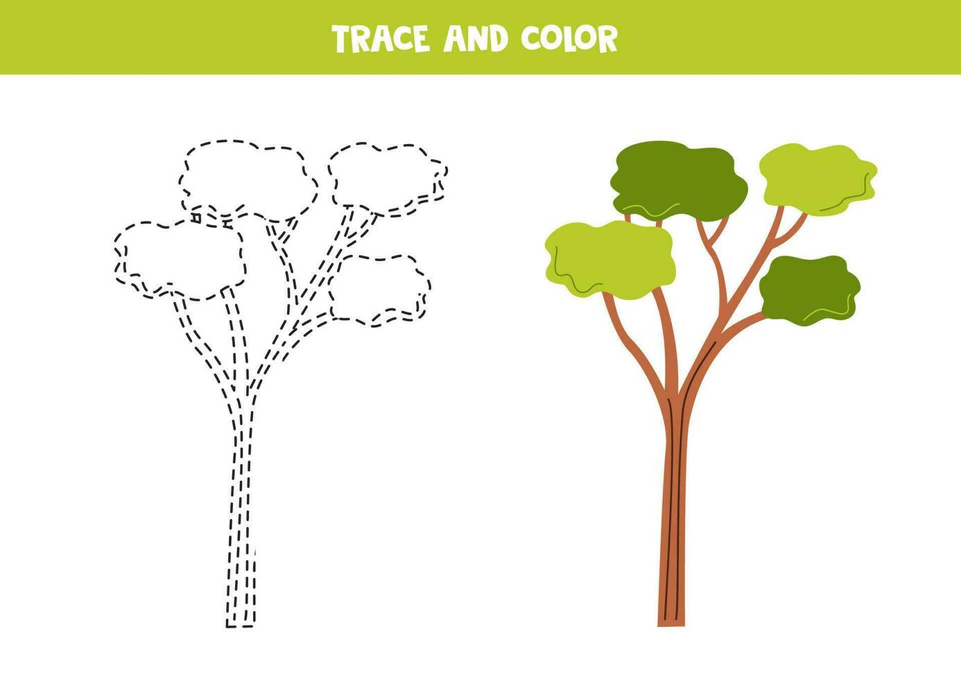 Trace and color cartoon umbrella acacia. Worksheet for children. vector