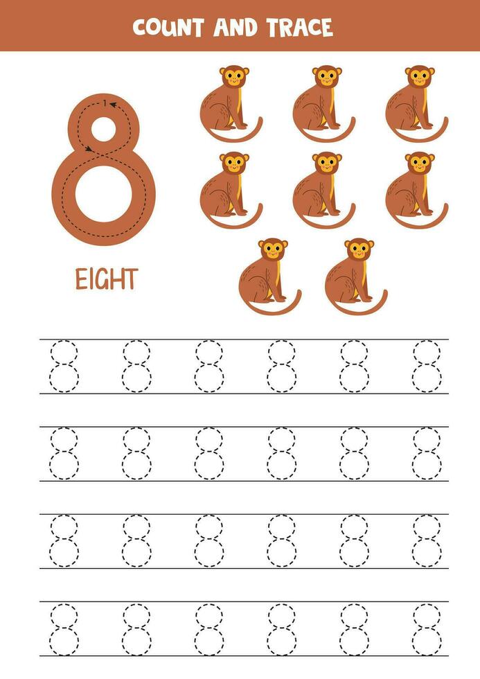 Trace numbers. Number 8 eight. Cute cartoon monkeys. vector