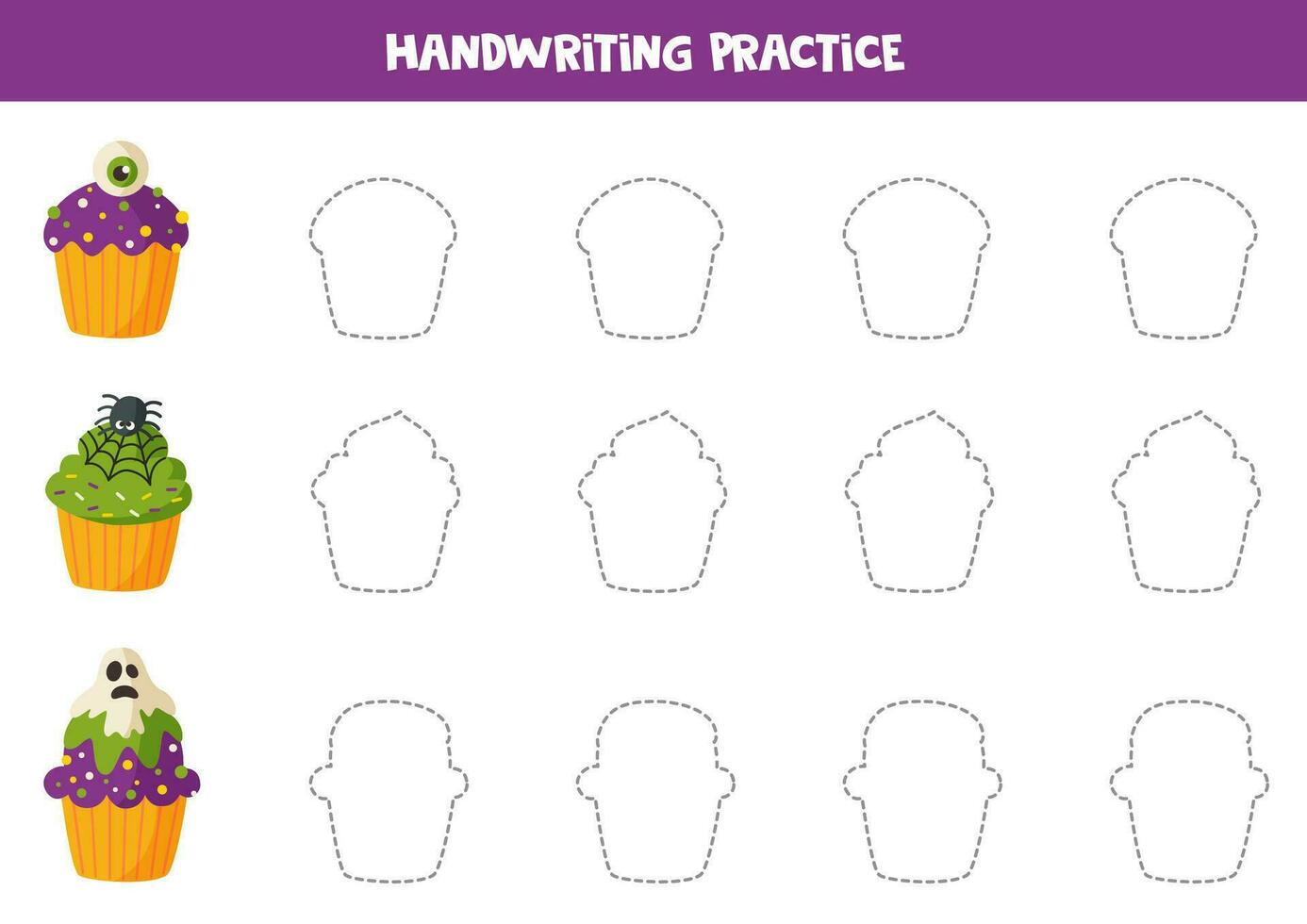 Handwriting practice with cartoon Halloween cupcakes. Tracing lines for preschoolers. vector