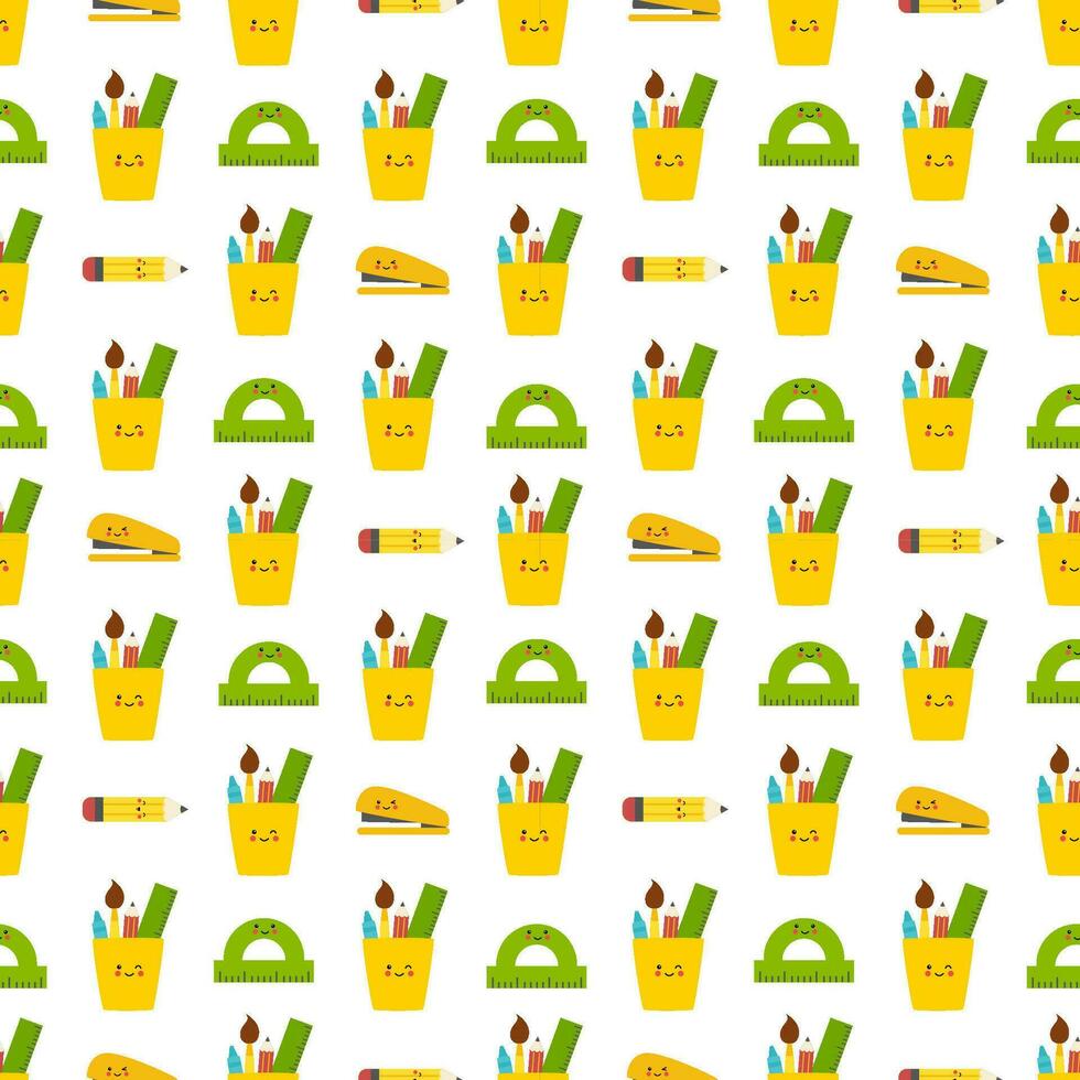 Seamless pattern with cute pencil cups staplers and pencils. back to school. vector