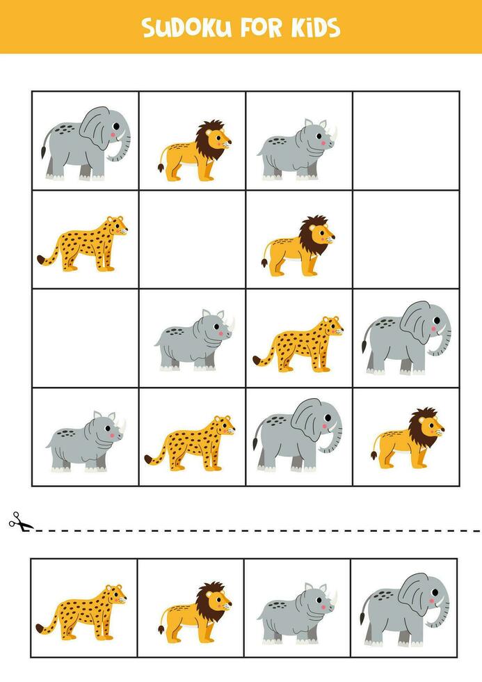 educativo sudoku juego con linda africano animales vector