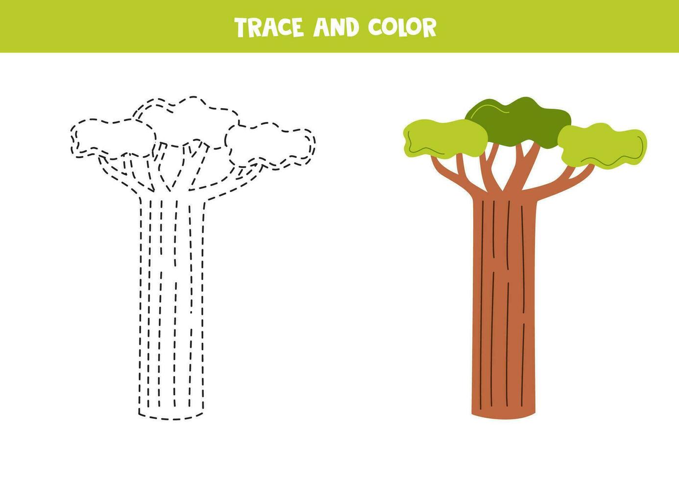 rastro y color dibujos animados baobab árbol. hoja de cálculo para niños. vector