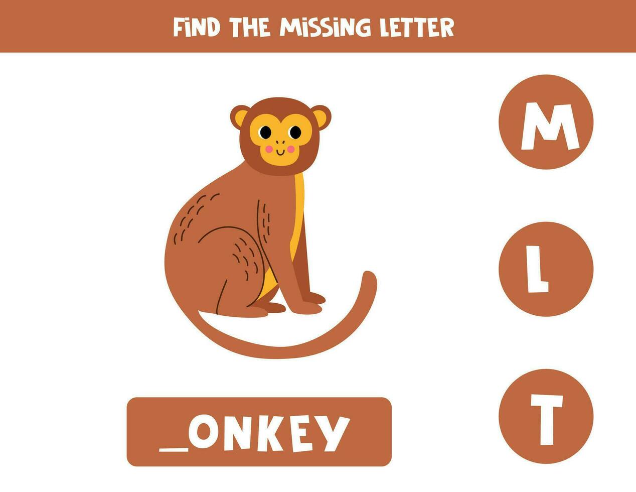 Find missing letter with cartoon monkey. Spelling worksheet. vector