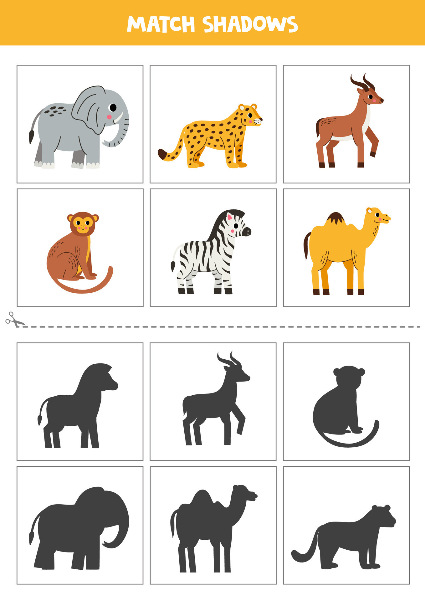 Find shadows of cute African animals. Cards for kids. 25551920 Vector