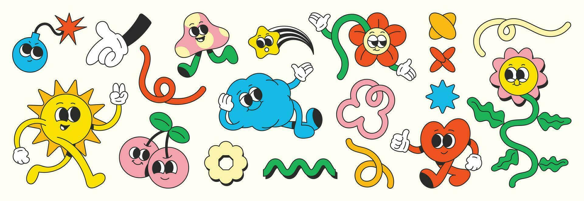 Set of 70s groovy element vector. Collection of cartoon characters, doodle smile face, flower, donut, bomb, star, sparkle, bubble, cherry, sun. Cute retro groovy hippie design for decorative, sticker. vector