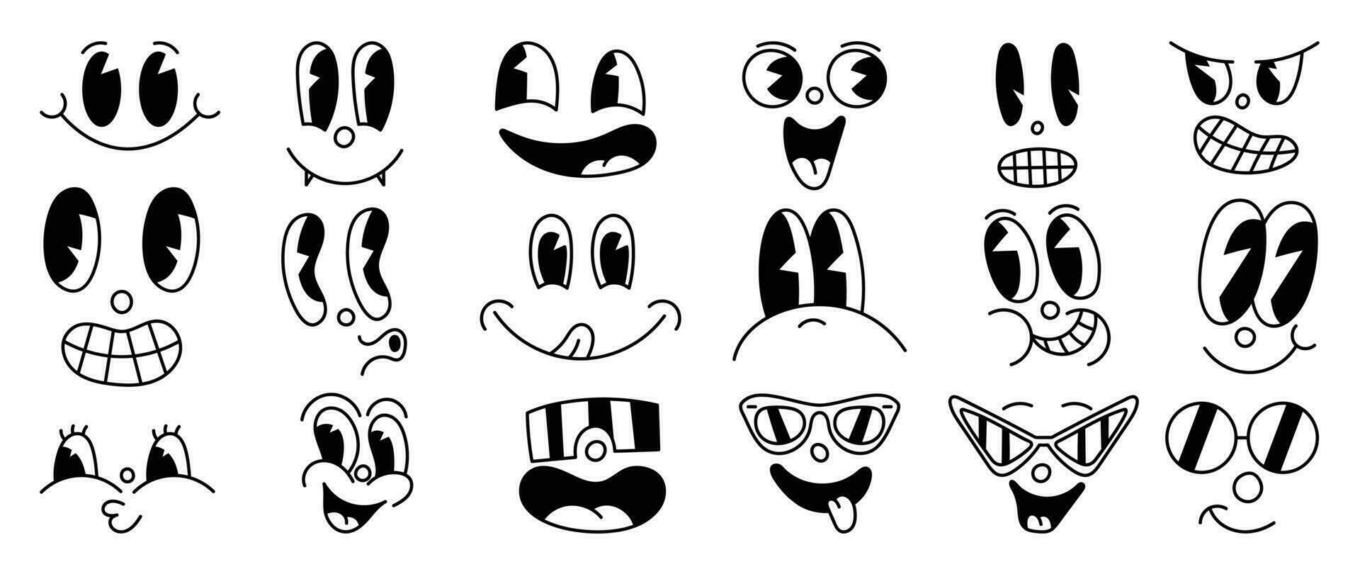 Set of 70s groovy comic faces vector. Collection of cartoon character faces, in different emotions, happy, angry, with sunglasses. Cute retro groovy hippie illustration for decorative, sticker. vector