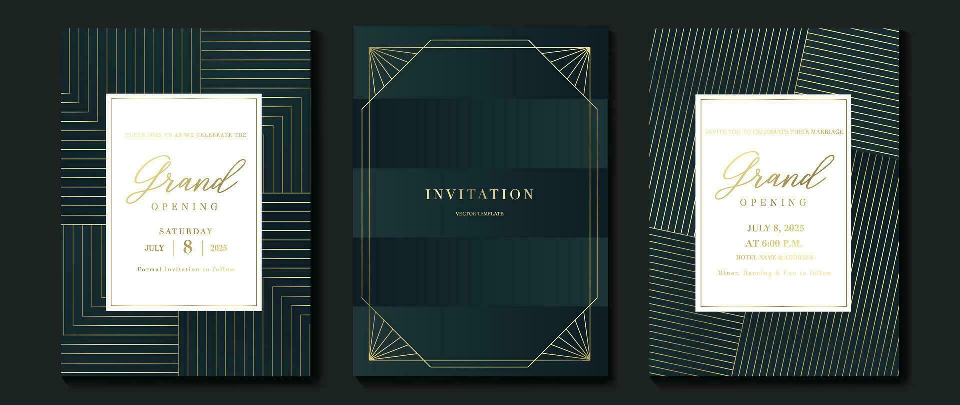 lujo gala invitación tarjeta antecedentes vector. dorado elegante geométrico forma, degradado oro líneas en oscuro antecedentes. prima diseño ilustración para Boda y VIP cubrir plantilla, grandioso apertura. vector