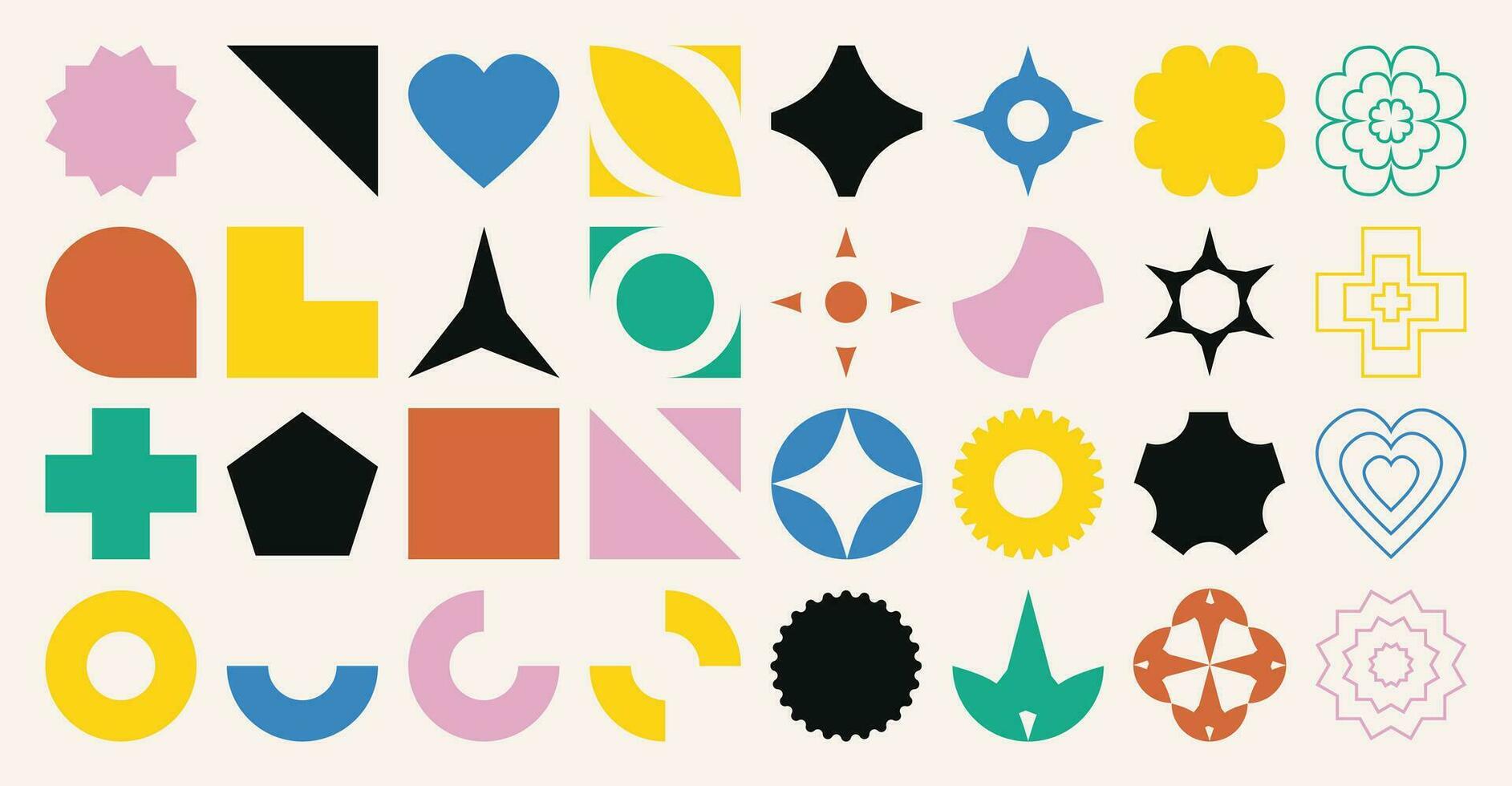 Set of abstract retro geometric shapes vector. Collection of contemporary figure, flower, sparkle, heart in 70s groovy style. Bauhaus Memphis design element perfect for banner, print, sticker, decor. vector