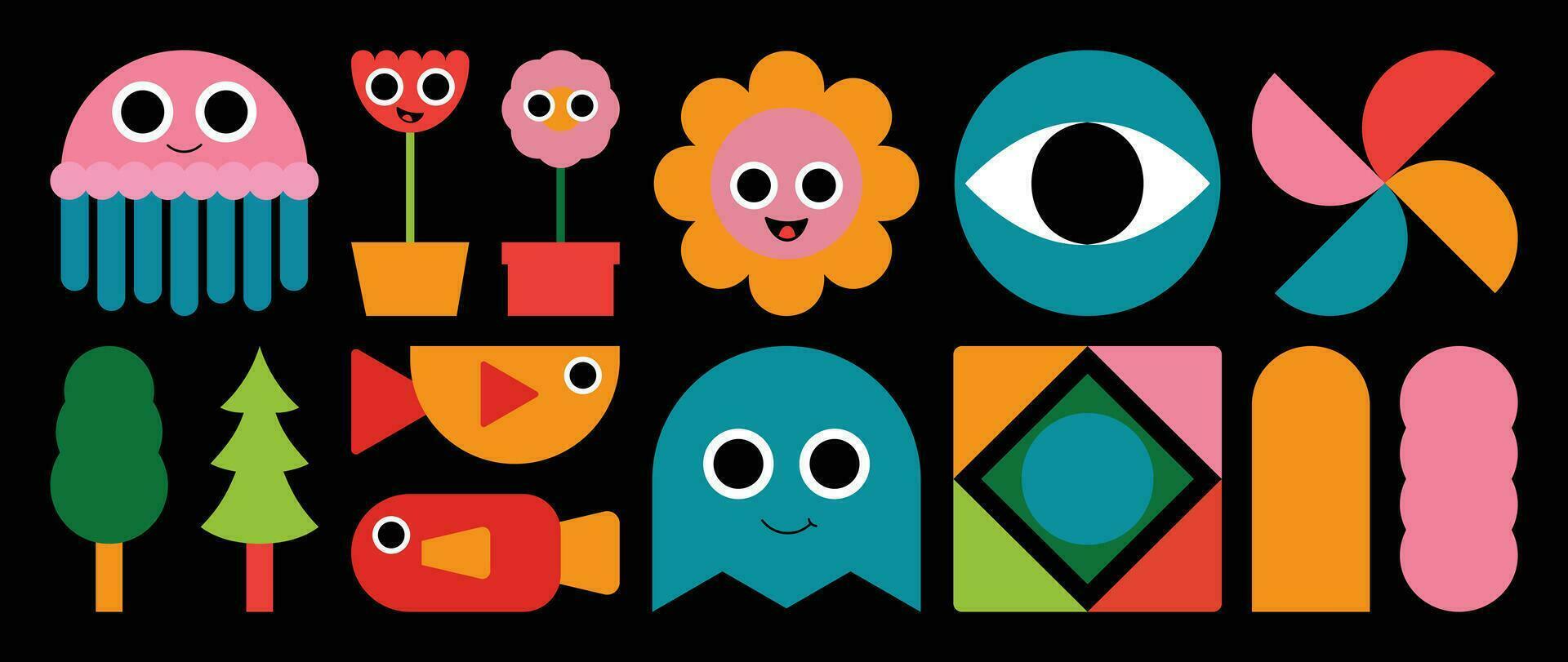 Set of abstract retro geometric shapes vector. Collection of contemporary figure, fish, jellyfish, squid in 70s groovy style. Cute hippie design element perfect for banner, print, stickers, decor. vector